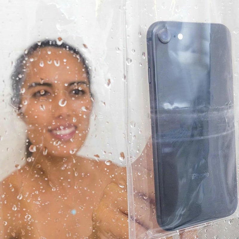 Fangkun iPad Mount Clear Shower Curtain Liner - 4 Touch-sensative Pockets - Bath/Shower Organizer - Bathroom Storage Bag 32 x 72 inches - Image 3